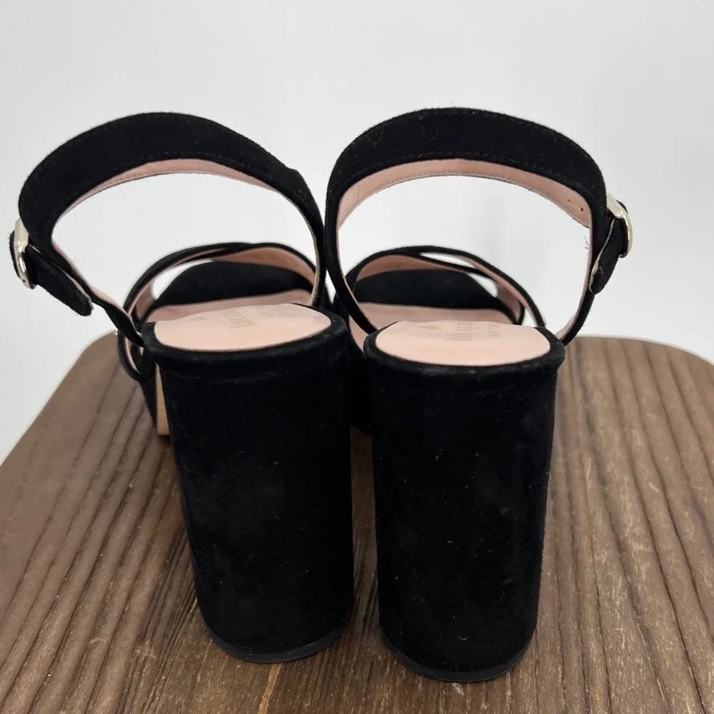 Kate Spade Delia Black Suede Platform Block Heel‎ Sandals Square Toe Strap 7.5B